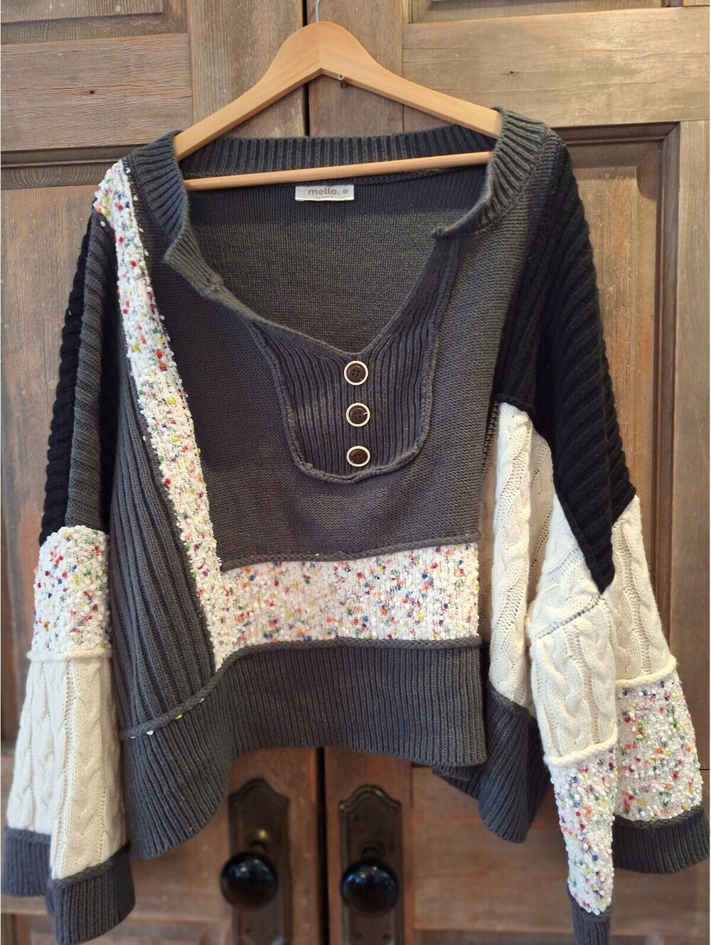 Patchwork sweater, by Mello Los Angeles, boho vive, large sleeves, Small - XL.